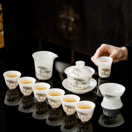 Ice Jade 'Asking Pine' Gaiwan Tea Set Gift Box - Jade Porcelain Decal Design, Home Guest Serving Tea Ware