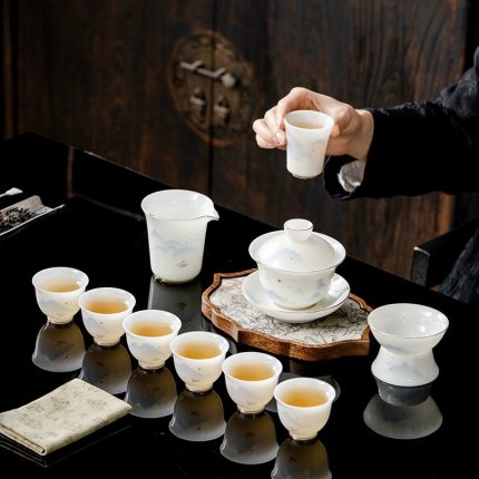 Dehua Ice Jade Hand-Painted Tea Set Gift Box - Luxury White Porcelain, Commercial Guest Serving, Premium Gift