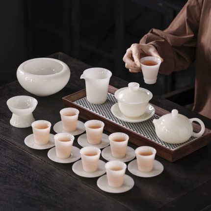 Ice Jade Thin-Walled Luxury Xishi Teapot & Gaiwan Large Set - Jade Porcelain Corporate Gift, Extra-Large Gift Box