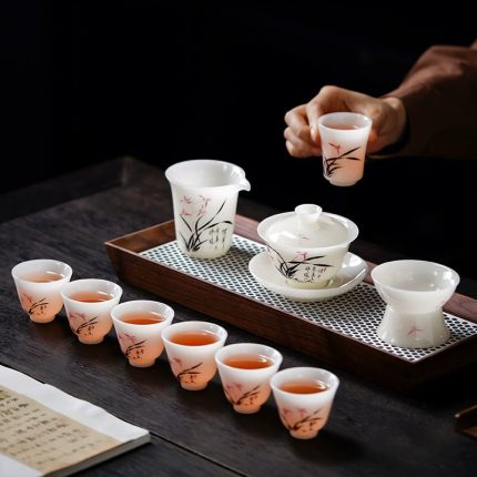 Ice Jade Porcelain Hand-Painted Orchid Gongfu Tea Set - Home & Office Guest Serving Complete Set, Premium Gift Box