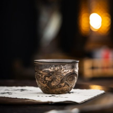 Gold-Infused Iron Rust Glaze Dragon Tasting Cup - Stoneware Master Tea Cup, Single Ceramic Cup